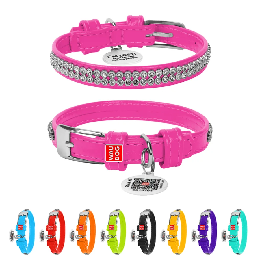 Нашийник WAUDOG Glamour шкіряний XS 12 мм 21-29 см рожевий з QR паспортом