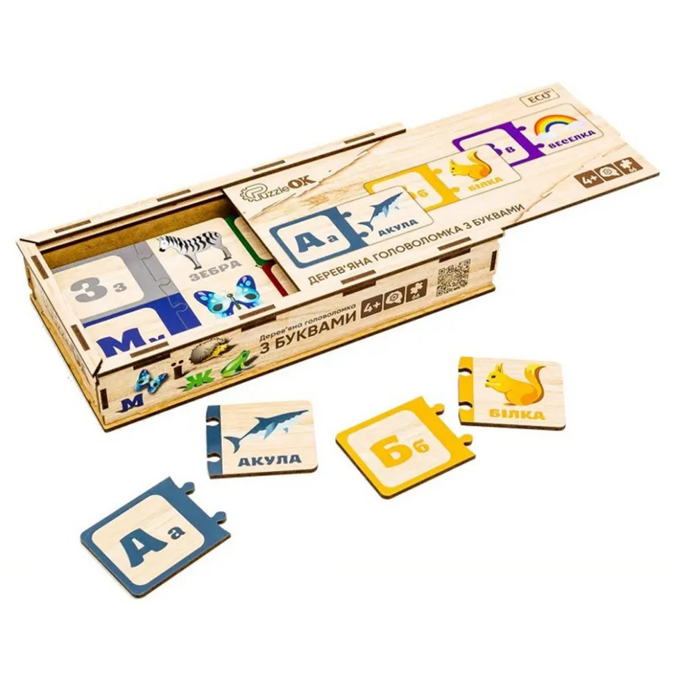 Деревянная развивающая игрушка PuzzleOK из натурального дерева 33 детали разноцветные