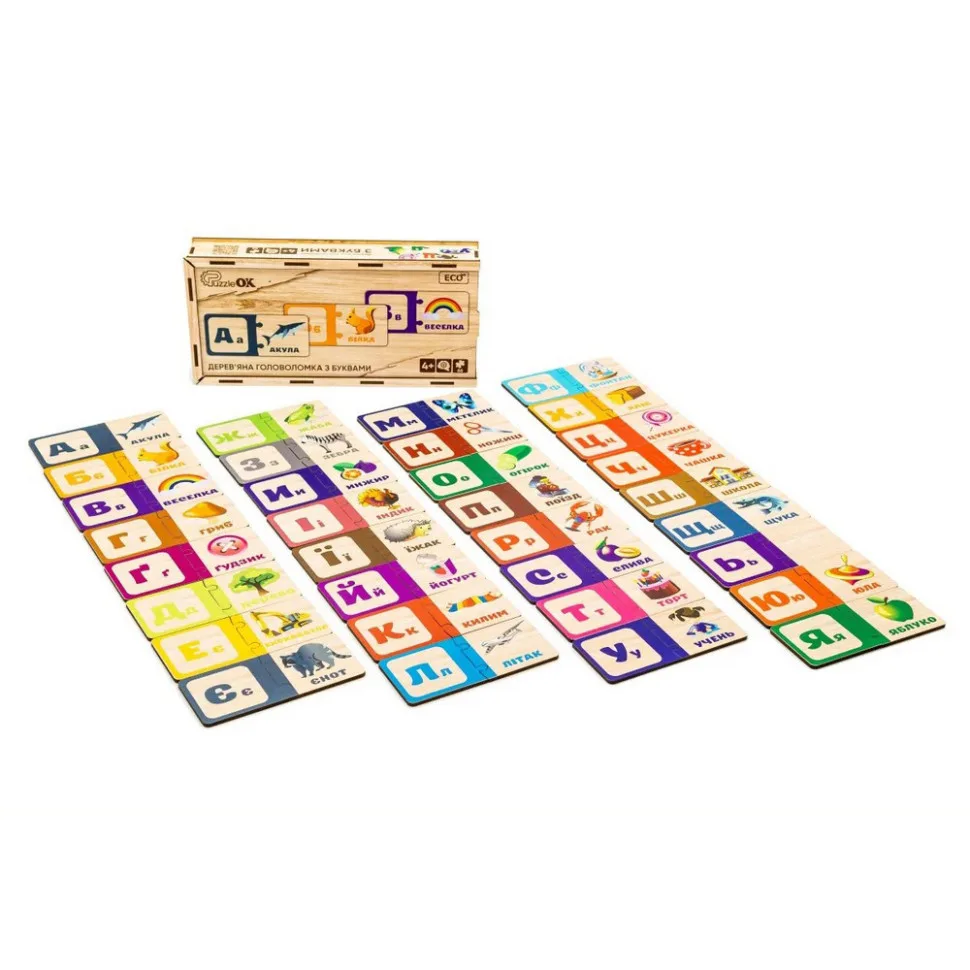 Деревянная развивающая игрушка PuzzleOK из натурального дерева 33 детали разноцветные