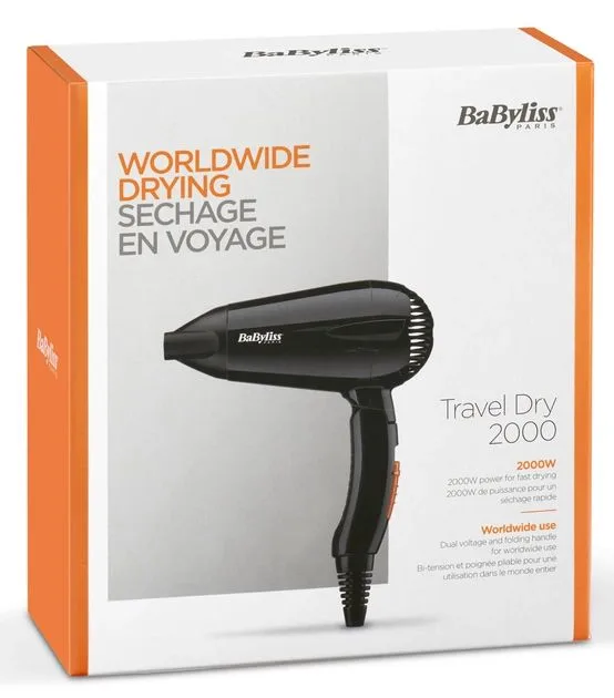 Фен для путешествий Babyliss Travel Dry, 2000 Вт, 2 настройки, складная рукоятка, черный