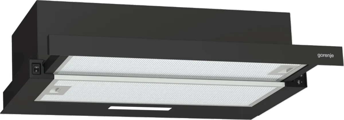 Телескопічна витяжка Gorenje, 60 см, 350 м3/год, чорного кольору.