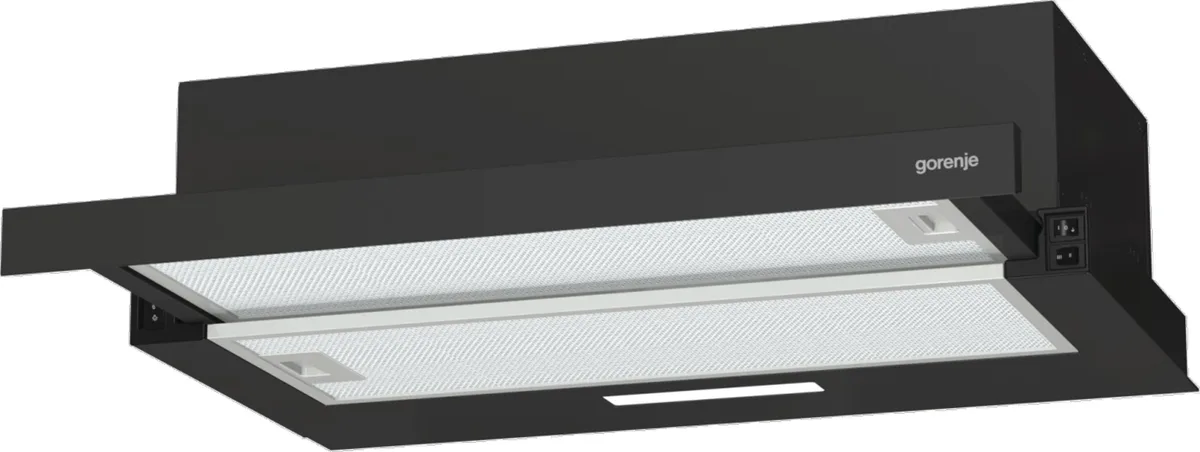 Телескопічна витяжка Gorenje, 60 см, 350 м3/год, чорного кольору.