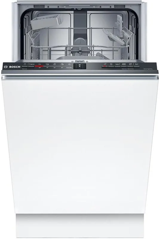Вбудована посудомийна машина Bosch, на 9 комплектів, клас енергоефективності F, 45 см, біла.