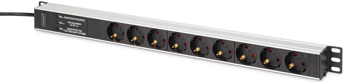Устройство распределения электроэнергии DIGITUS 0U, 9xSchuko, 16A, 250V, фильтр, защита, вилка Schuko.