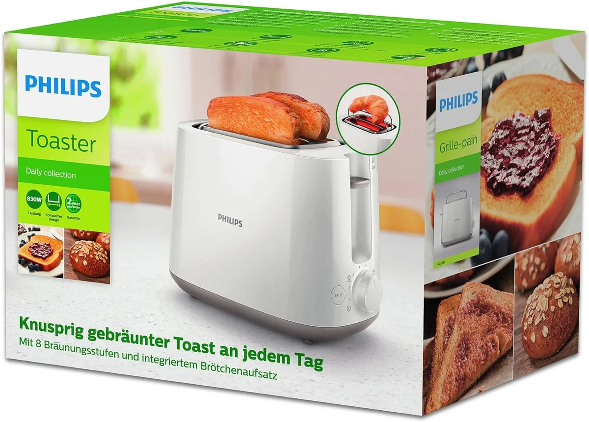 Тостер Philips Daily Collection 830 Вт, пластиковий, білий.