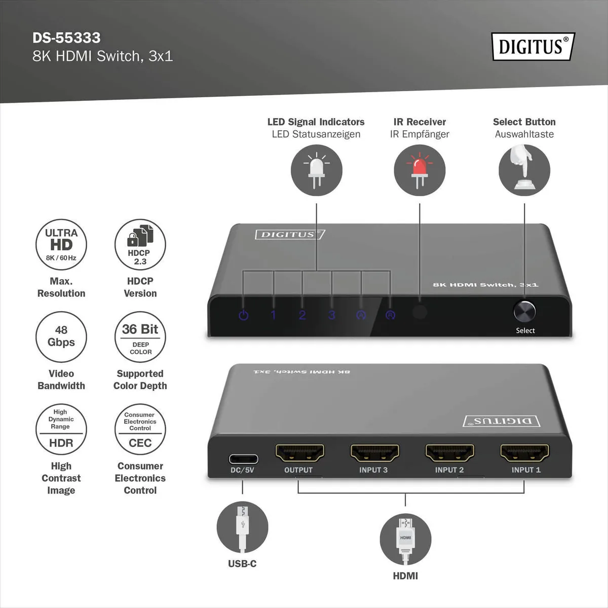 Відеокомутатор DIGITUS UHD HDMI (INx3 - OUTx1), 8K