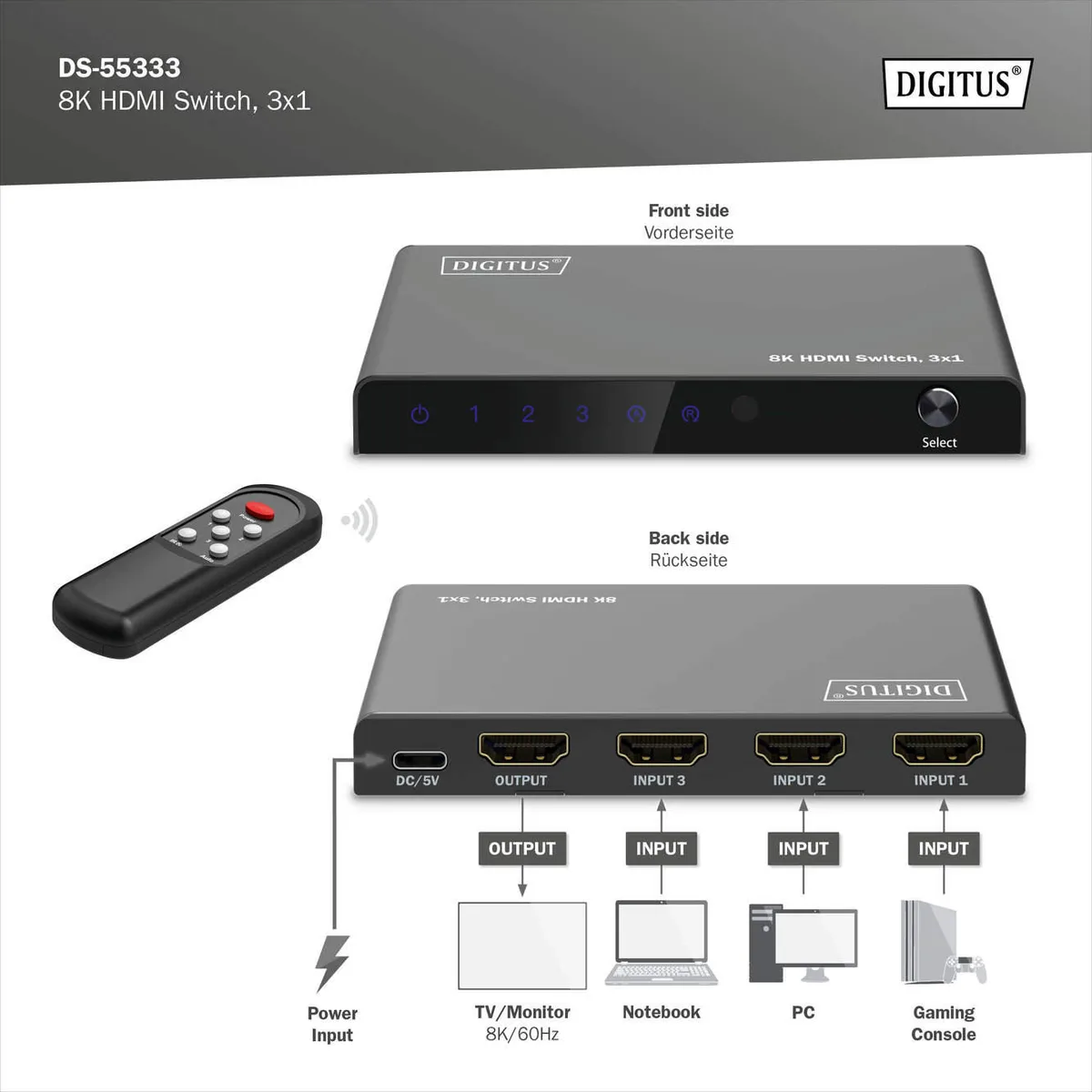 Відеокомутатор DIGITUS UHD HDMI (INx3 - OUTx1), 8K
