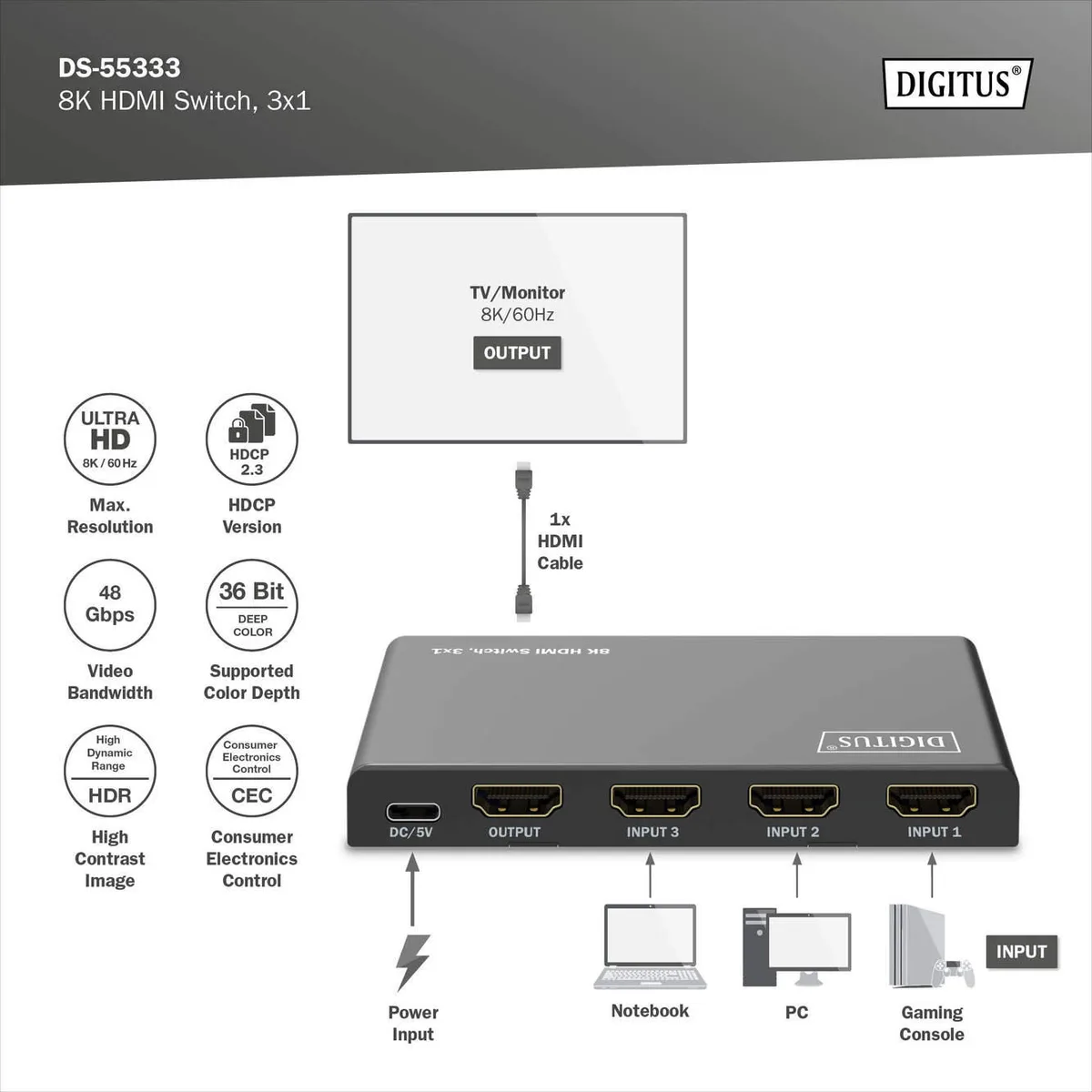 Відеокомутатор DIGITUS UHD HDMI (INx3 - OUTx1), 8K