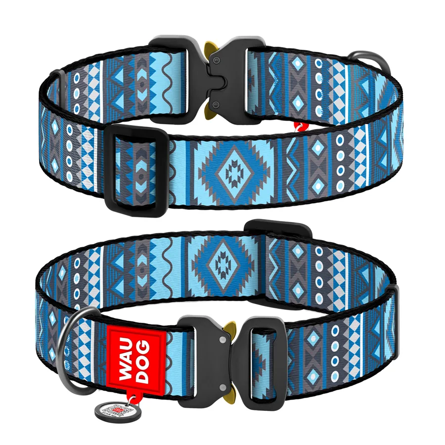 Нашийник WAUDOG Nylon XXL 35 мм 46х70 см Нейлон Етно синій з QR паспортом