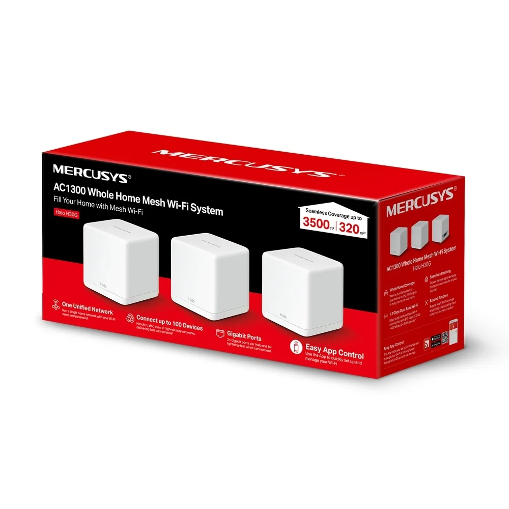 Система WiFi-Mesh MERCUSYS Halo H30 AC1300, 2xGE LAN/WAN, 3мод