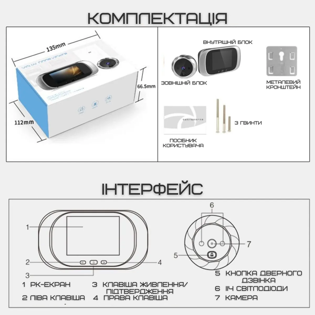 Цифровой дверной звонок Visual Door Viewer с видеоглазком и ночным видением ABS-пластик 14-22 мм