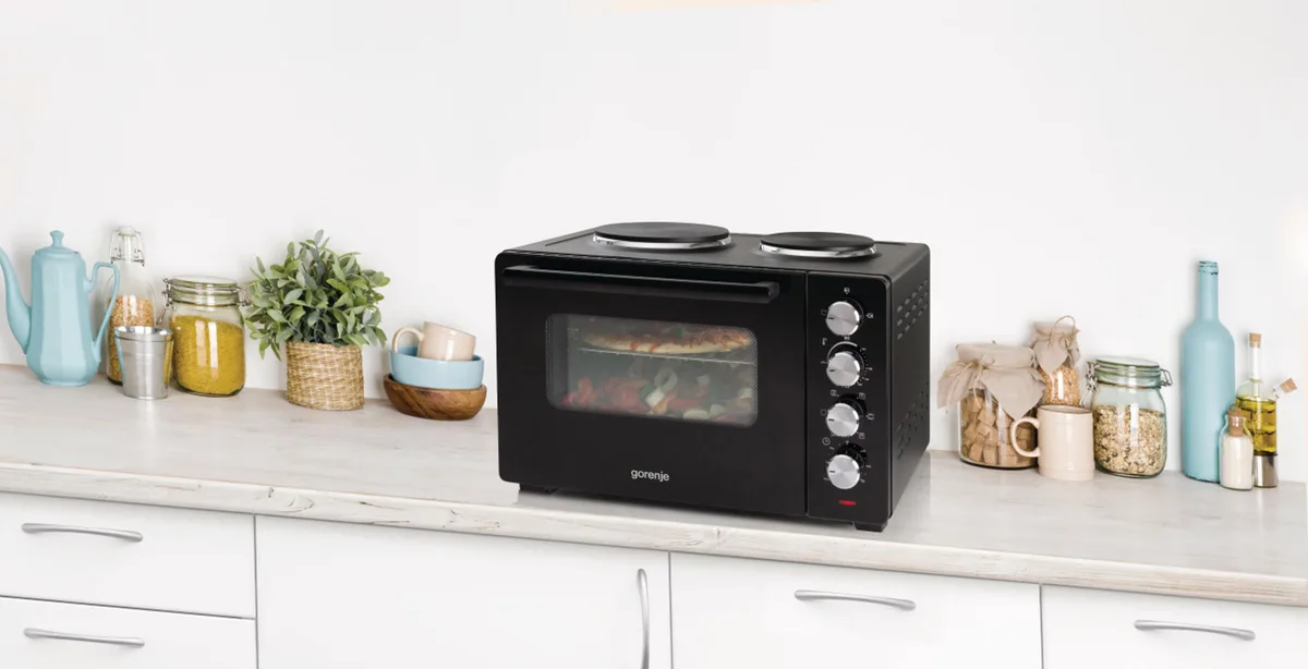 Компактна електрична піч Gorenje, 30 л, 52x32x40.5 см, 2 конфорки, чорна.