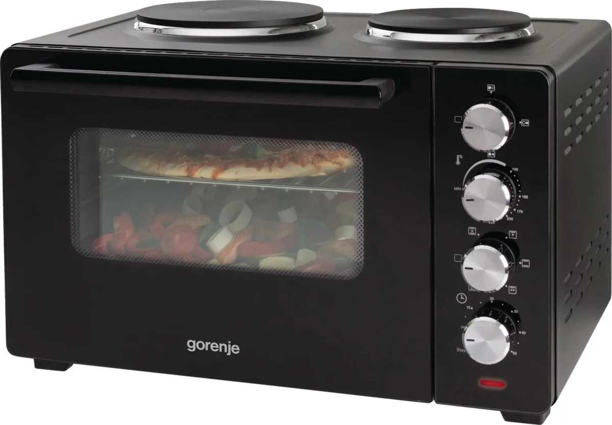 Компактна електрична піч Gorenje, 30 л, 52x32x40.5 см, 2 конфорки, чорна.