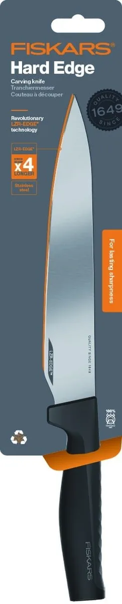 Ніж для м'яса Fiskars Hard Edge, 21.6 см, з нержавіючої сталі, пластиковою ручкою, чорного кольору.