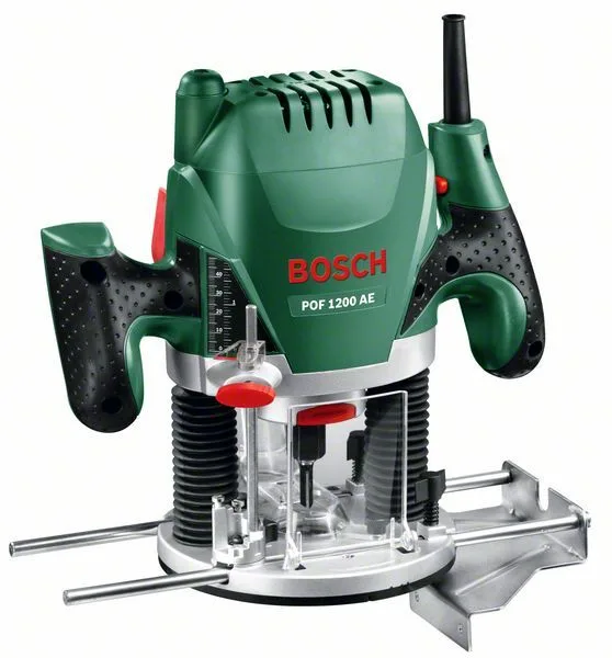 Фрезер Bosch POF 1200 AE, потужність 1200 Вт, цанга 6 і 8 мм, регулювання обертів 11000-28000 об/хв, вага 3 кг.