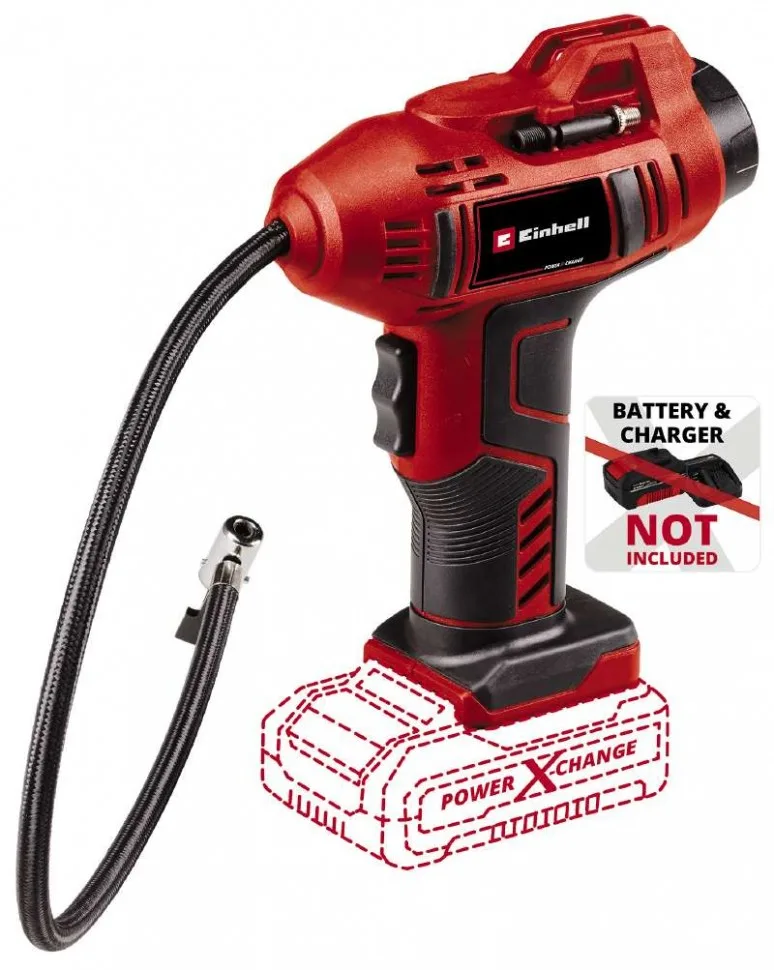 Акумуляторний ручний повітряний компресор Einhell CE-CC 18 Li - Solo, 18В PXC, продуктивність до 12л/хв, тиск до 11бар, вага 0.76к