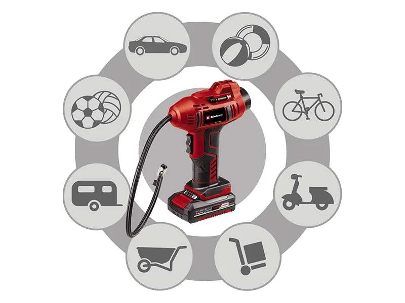 Акумуляторний ручний повітряний компресор Einhell CE-CC 18 Li - Solo, 18В PXC, продуктивність до 12л/хв, тиск до 11бар, вага 0.76к