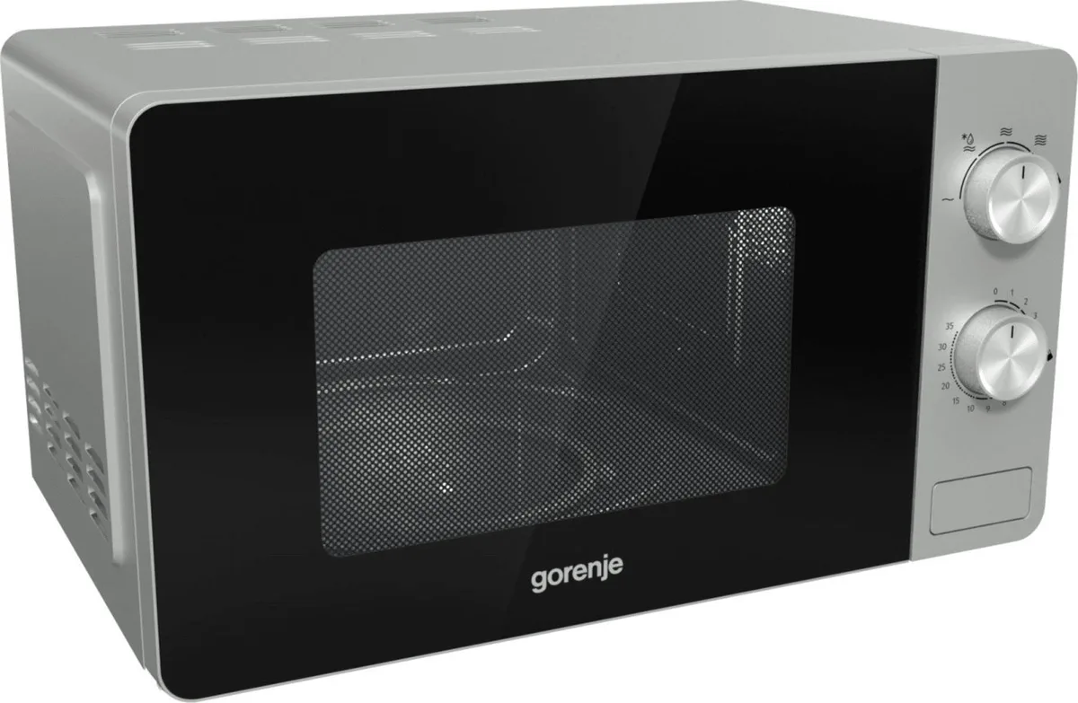 Мікрохвильова піч Gorenje, 20 літрів, механічне управління, 800 Вт, сріблястого кольору.