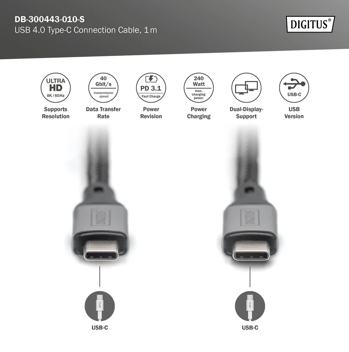 Кабель DIGITUS USB 4.0 (Type-C/Type-C) 1м, чорний