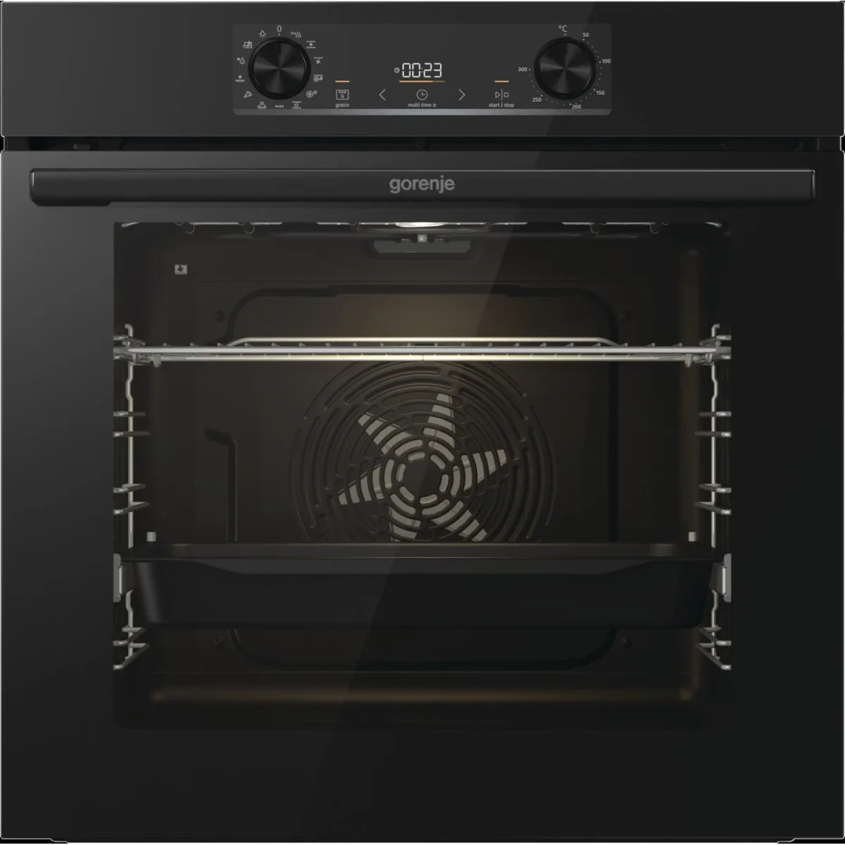 Електрична духова шафа Gorenje, 77 л, клас енергоефективності A+, з дисплеєм IconLed, піролізним очищенням, чорна.