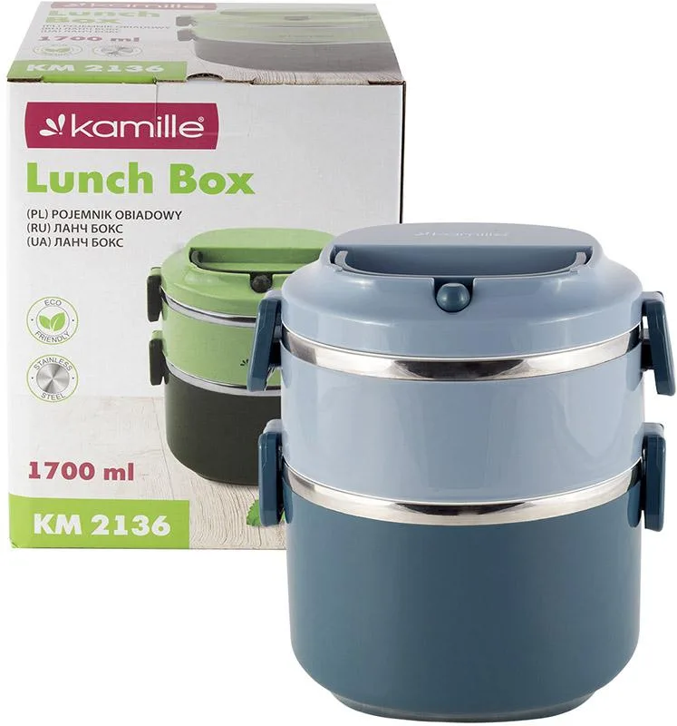 Ланч-бокс Kamille пластиковий нержавіюча сталь 1700 мл синій двохрівневий