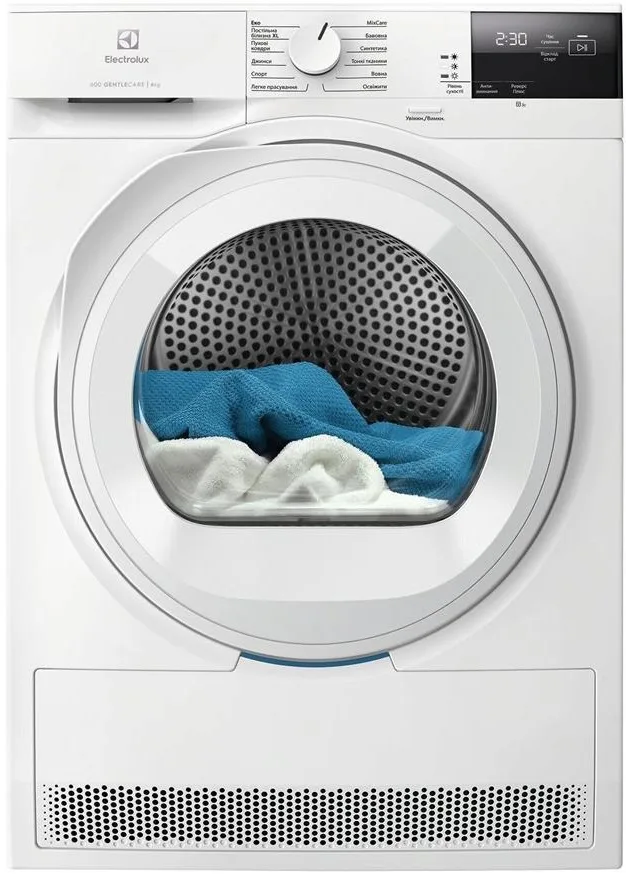 Сушильна машина Electrolux з тепловим насосом, 8 кг, енергоефективність A++, 64 см, з дисплеєм, біла.