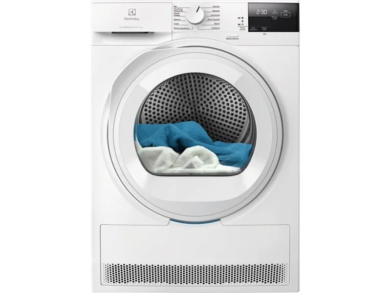 Сушильна машина Electrolux з тепловим насосом, 8 кг, енергоефективність A++, 64 см, з дисплеєм, біла.