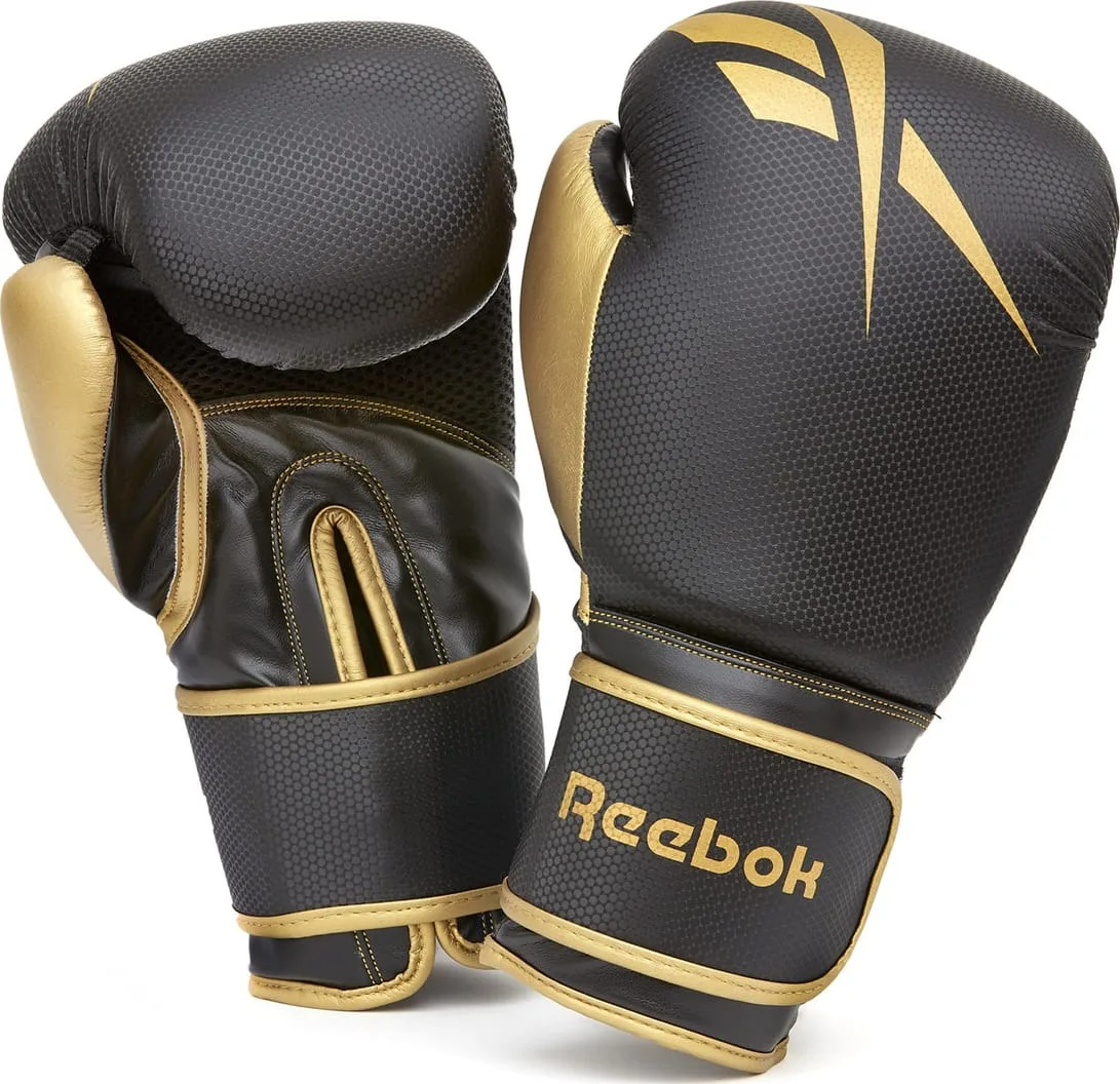 Боксерські рукавиці Reebok синтетична шкіра 14 унцій чорний золотистий