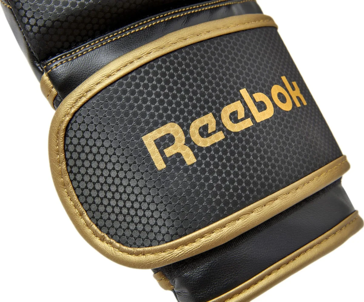 Боксерские перчатки Reebok синтетическая кожа 14 унций черный золотистый