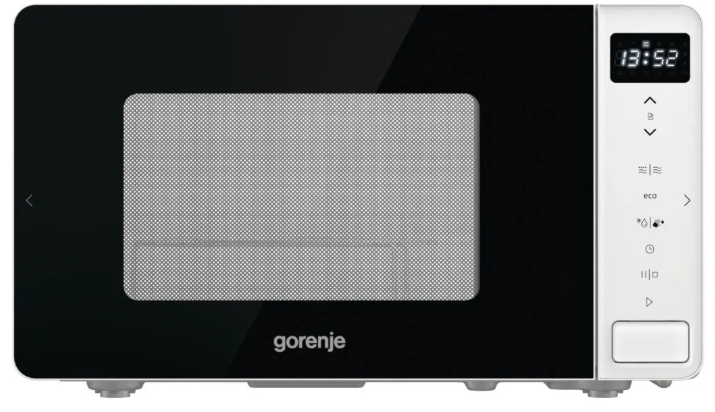 Мікрохвильова піч Gorenje, об'єм 20 літрів, електронне управління, потужність 800 Вт, функція гриля, LED-дисплей, білий колір.