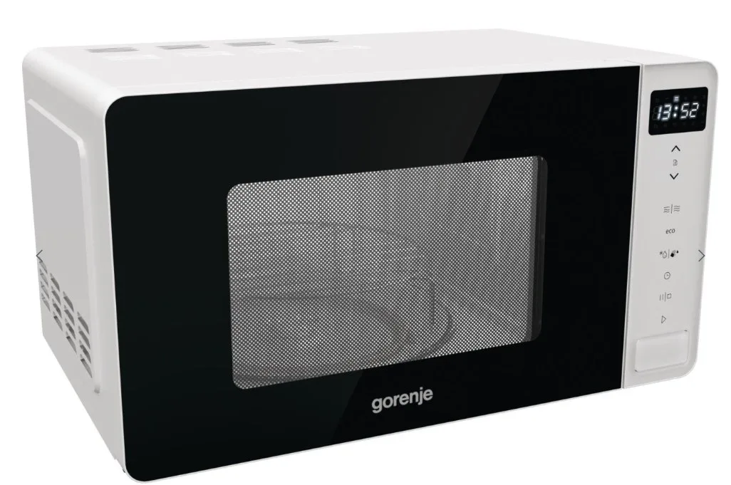 Мікрохвильова піч Gorenje, об'єм 20 літрів, електронне управління, потужність 800 Вт, функція гриля, LED-дисплей, білий колір.