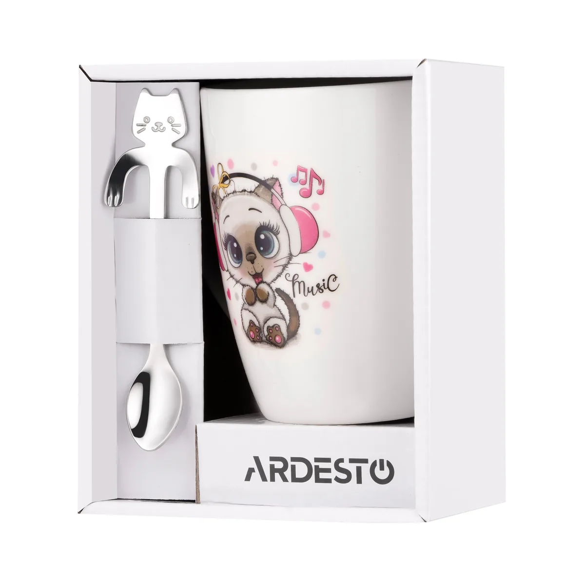 Чашка з ложкою ARDESTO Music, об'ємом 320 мл, з порцеляни та нержавіючої сталі, білого кольору.