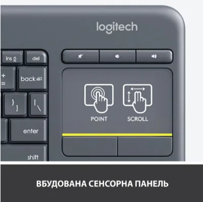 Клавіатура Logitech бездротова мембранна з сенсорною панеллю 139,9х354,3 мм Чорна