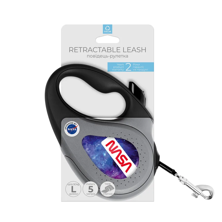 Поводок-рулетка WAUDOG R-leash L 5 м светоотражающая лента пластик черный
