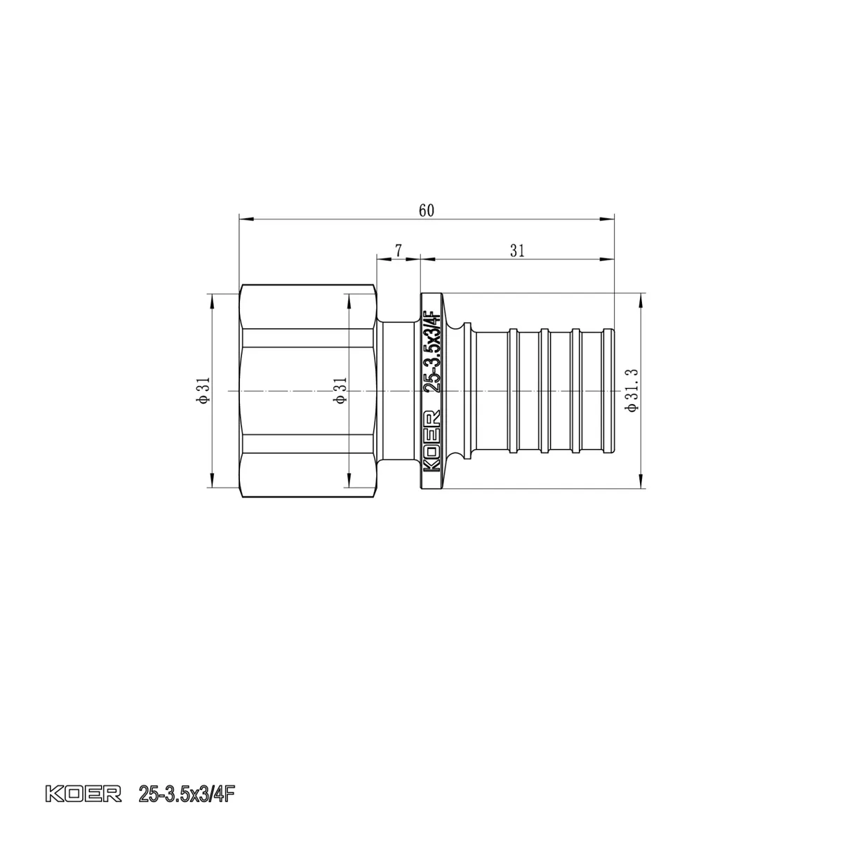 Перехідник латунний 25мм x 3/4"F CW617N для труб натяжних фітингів