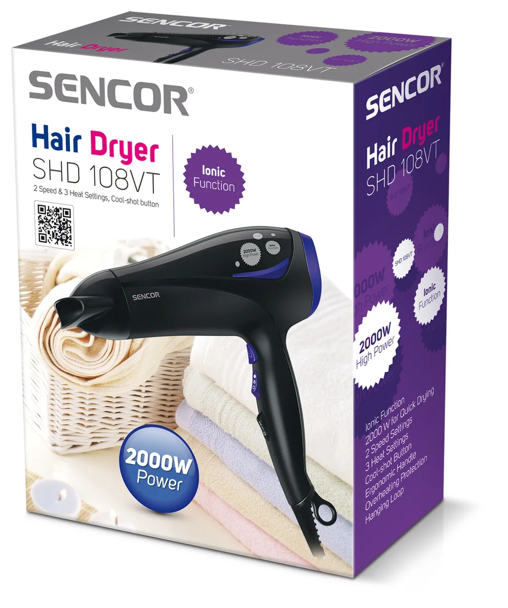 Фен Sencor 2000 Вт черный фиолетовый с ионизацией и диффузором.