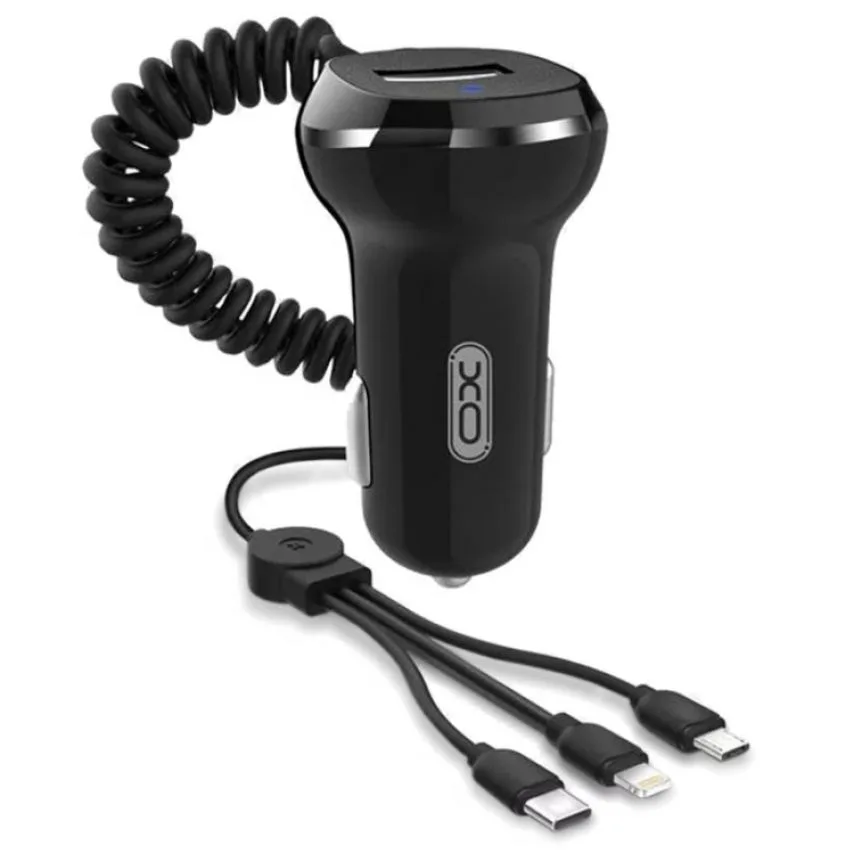 Автомобільний зарядний пристрій XO пластик 1USB 3,1A Type-C Micro Lightning чорний