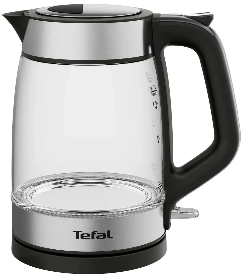 Електрочайник Tefal Скляний 1.7л з підсвіткою, чорний та сріблястий.