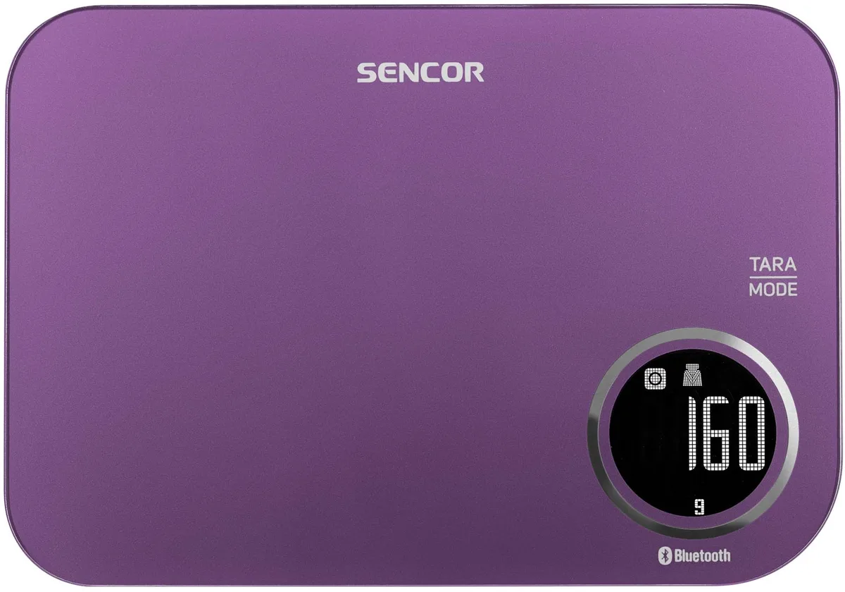 Кухонні ваги Sencor, 5 кг, з можливістю підключення до смартфона, живлення від 2 батарей AAA, пластиковий корпус, фіолетового коль