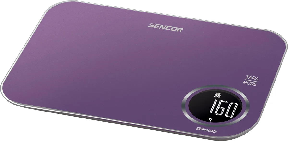 Кухонні ваги Sencor, 5 кг, з можливістю підключення до смартфона, живлення від 2 батарей AAA, пластиковий корпус, фіолетового коль