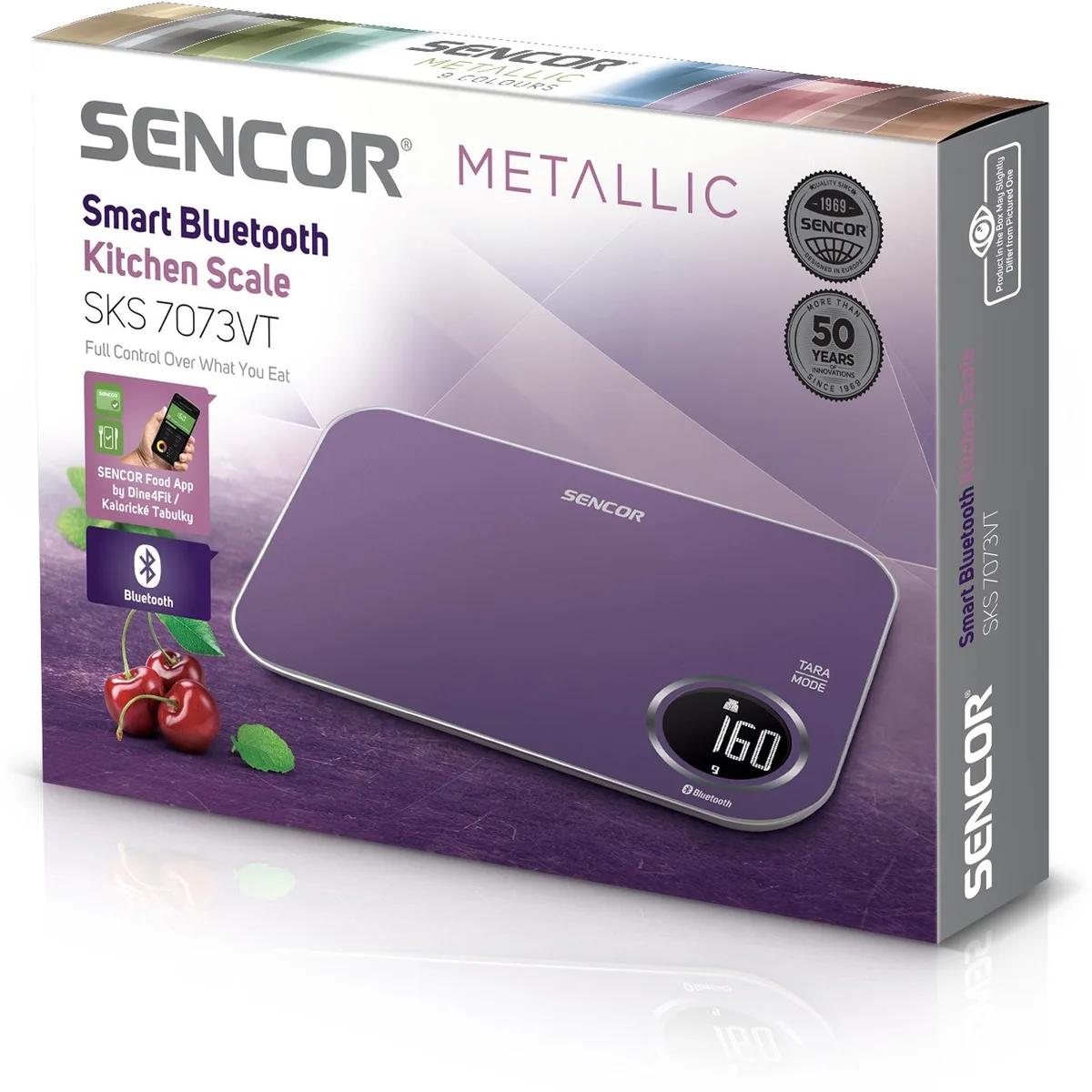 Кухонні ваги Sencor, 5 кг, з можливістю підключення до смартфона, живлення від 2 батарей AAA, пластиковий корпус, фіолетового коль