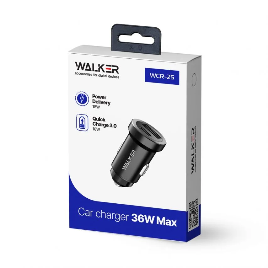 Автомобільний зарядний пристрій WALKER алюміній 44х24,6 мм чорний