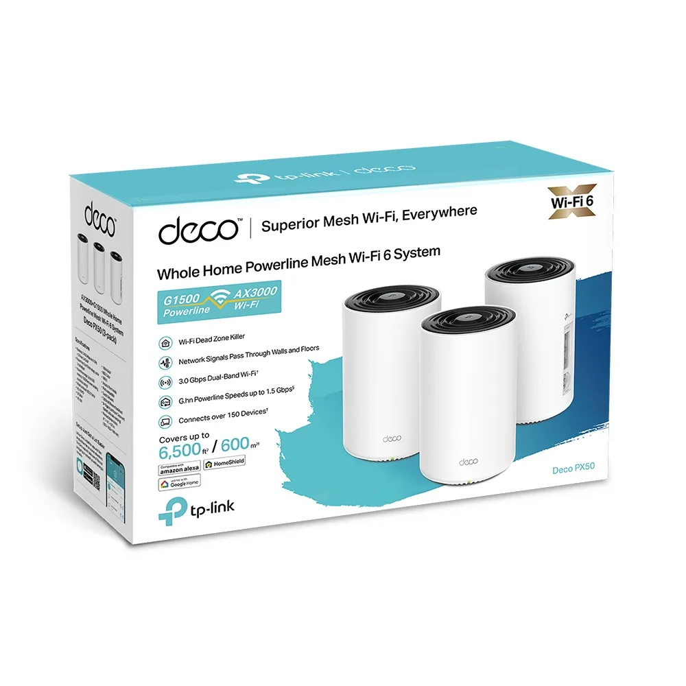Система WiFi-Mesh TP-LINK Deco PX50 AX3000, 3xGE LAN/WAN, 2 модуля, Powerline G1500