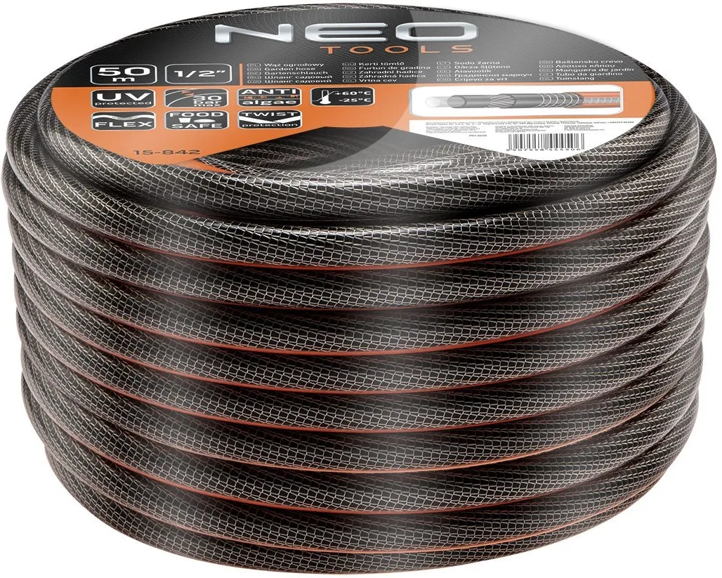 Садовий шланг Neo Tools Professional, 1/2", 50м, 6 шарів, витримує тиск до 30 бар, температурний діапазон -25...+60°C.