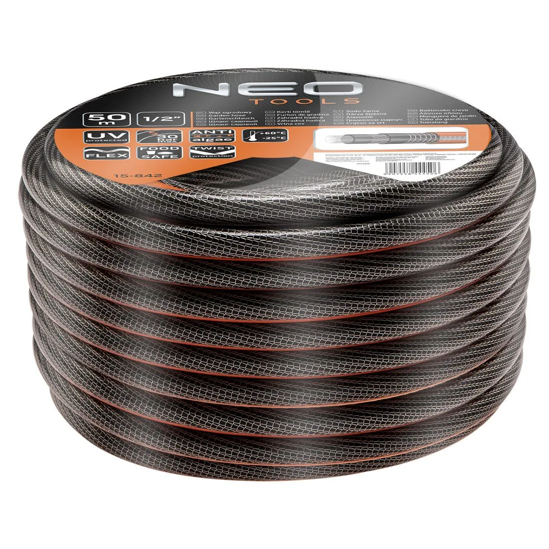 Садовий шланг Neo Tools Professional, 1/2", 50м, 6 шарів, витримує тиск до 30 бар, температурний діапазон -25...+60°C.