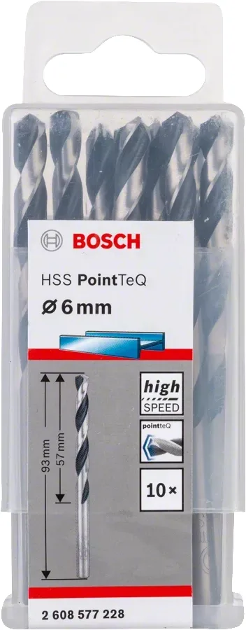Свердло по металу Bosch Professional HSS-PointTeQ, 6х57х93мм, набір з 10 штук.
