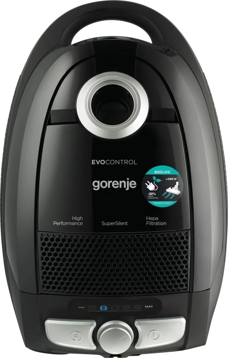 Пилосос Gorenje з мішковою системою, потужність 800 Вт, об'єм контейнера 3 л, HEPA-фільтр, телескопічна трубка, чорного кольору.
