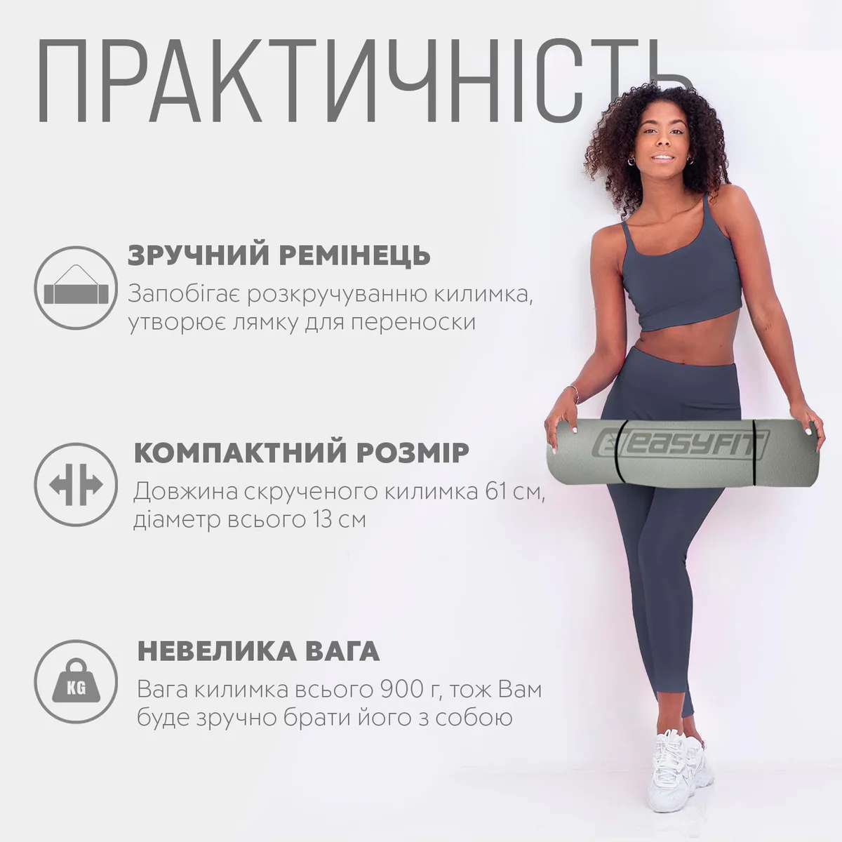 Килимок для йоги EasyFit TPE 183х61 см 6 мм сірий чорний