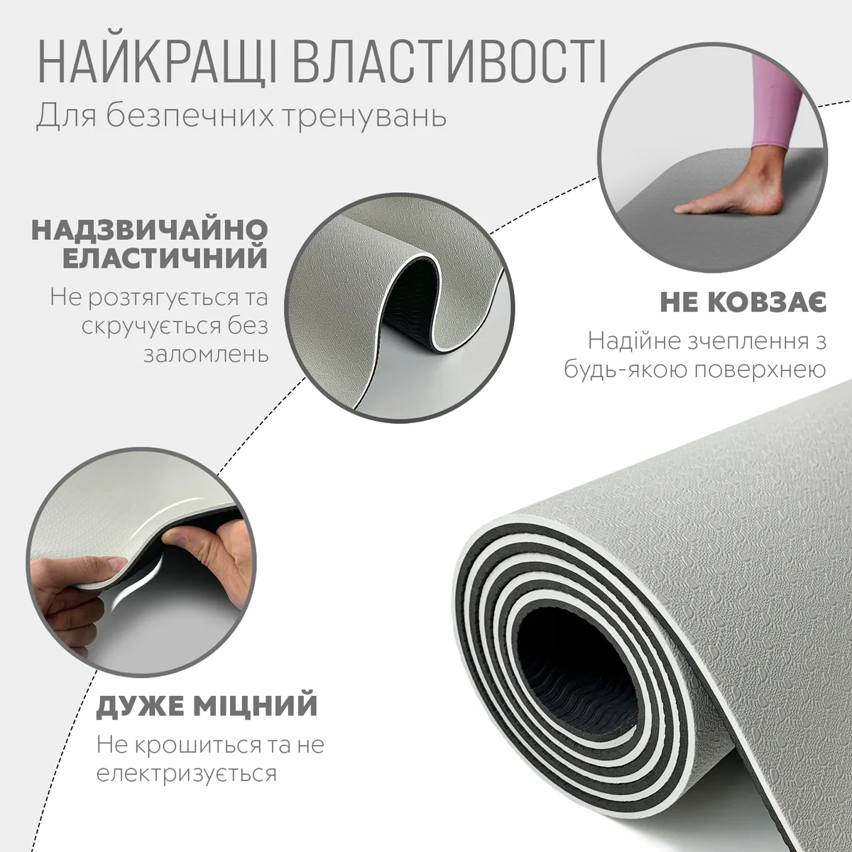Килимок для йоги EasyFit TPE 183х61 см 6 мм сірий чорний