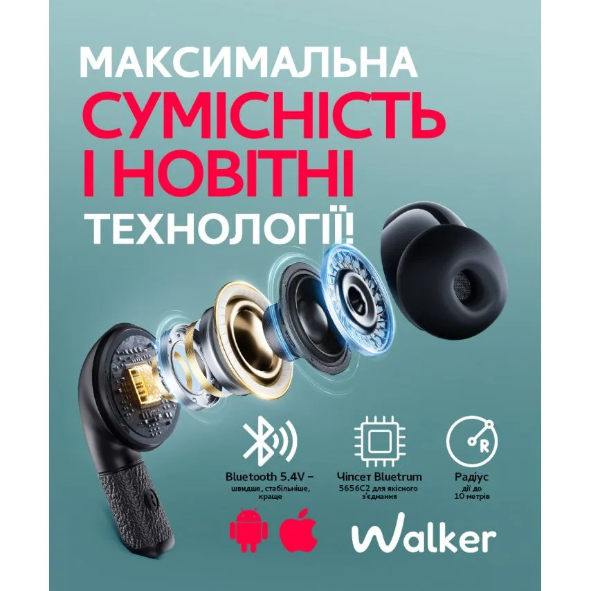 Наушники Bluetooth WALKER вакуумные черные 13 мм 32 Ом